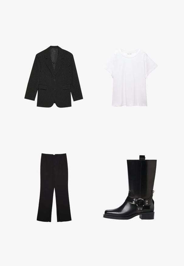 Svart randig kavaj med slag, enkelknapps-stängning, två framfickor och en något oversize passform. Slät, skräddarsyddt tyg.; Vit t-shirt som är gjord av mjukt, lätt tyg. Har en rund halsringning och korta, vida ärmar med en avslappnad passform. Inga synliga mönster.; Svarta byxor med rak passform, utrustade med framfickor och sidoklyvningar vid fållen. Tillverkade av mjukt, slätt tyg. Lämpliga för olika tillfällen.; Svart läderknähöga stövlar med spetsig tå, silverfärgade spännen och klumpig klack. Har en dragflik för enkel påtagning.