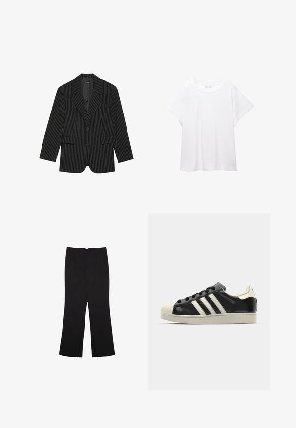 Blazer nero a righe con rever a scapola, chiusura con un bottone, due tasche frontali e una vestibilità leggermente oversize. Tessuto liscio e sartoriale.; T-shirt bianco realizzato in un tessuto morbido e leggero. Presenta un collo rotondo e maniche corte e larghe con vestibilità morbida. Nessun motivo visibile.; Pantaloni neri a gamba dritta, con tasche frontali e spacchi laterali all'orlo. Realizzati in tessuto morbido e liscio. Adatti a diverse occasioni.; Sneaker in pelle nera con strisce bianche, punta in gomma, lacci neri e suola di colore crema. Texture liscia con finitura brillante.