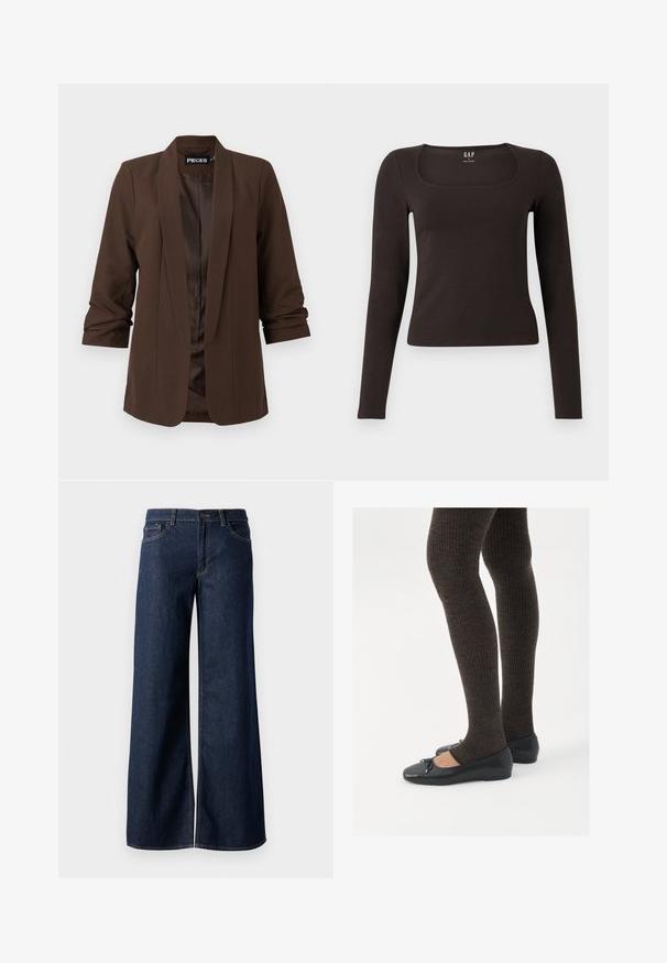 Sötétbarna, testhezálló zakó, stólakolárral, háromnegyedes ujjakkal és sima selyem béléssel, minimalista dizájnnal.; Fekete, hosszú ujjú, elasztikus felső négyzet alakú dekoltázzsal, GAP felirattal, fehér háttér előtt bemutatva.; Sötét kék farmer széles lábú nadrág. Kontrasztos varrással, öt zsebhálóval és gombos derékzárással rendelkezik. Simás textúra.; Fekete lapos cipők kis masni díszítéssel az orrán, sötétbarna bordázott harisnyával párosítva. A cipők sima textúrával és alacsony profilúak.