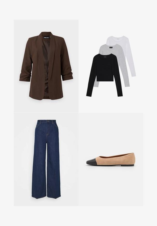 Blazer ajustado castanho escuro com colarinho xale, mangas três quartos e forro de satin suave, apresentando um design minimalista.; Três camisetas de manga longa empilhadas: preta, cinza e branca. Cada uma tem um decote redondo e um design cropped, feitas de um tecido leve e suave.; Jeans de denim escuros de cintura alta e perna larga, com bolsos frontais e traseiros, fecho com botão e detalhes de costura visíveis.; Bailarina em suede bege com biqueira arredondada em couro preto, salto baixo e textura suave, apresentando costura mínima e um design clean.