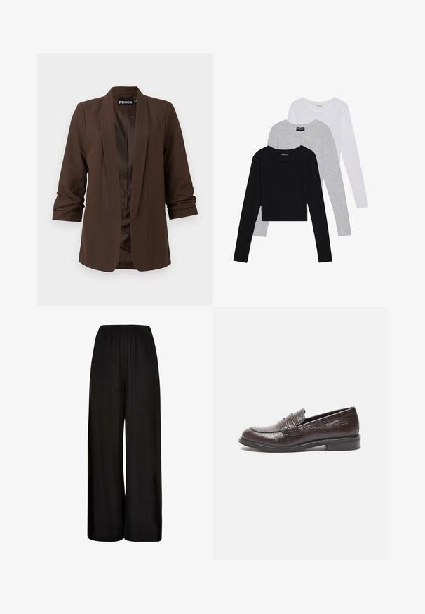 Ciemnobrązowa marynarka dopasowana, z kołnierzem szalowym, rękawami do łokcia i gładką satynową podszewką, charakteryzująca się minimalistycznym designem.; Trzy bluzki z długim rękawem ułożone jedna na drugiej: czarna, szara i biała. Każda z okrągłym dekoltem i skróconym fasonem, wykonana z gładkiego, lekkiego materiału.; Czarne spodnie w stylu szerokich nogawek wykonane z gładkiego materiału. Posiadają elastyczny pas w talii oraz luźny, swobodny krój zapewniający komfort i swobodę ruchów.; Ciemnobrązowe skórzane loafersy z teksturą krokodyla, niskim obcasem i przeszyciem z przodu dla dodatkowego stylu.