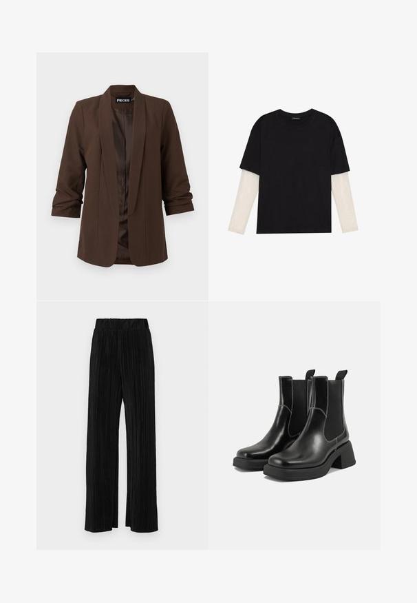 Tamsiai ruda pritaikyta švarkas su plačiu apykakle, trijų ketvirčių rankovėmis ir lygiu satino pamušalu, pasižymintis minimalistiniu dizainu.; Juodas medvilninis marškinėliai su trumpomis rankovėmis, virš baltos ilgo rankovio sluoksnio, turinčio subtilų tekstūrinį raštą. Apvalus iškirpimas.; Juodi plisuoti kelnės su elastine juosta. Turėkite plačias kojas ir glotnų, tekstūrinį audinį su vertikaliais dryžiais.; Juodos odinės Chelsea botai su storiu kulnu, elastinėmis šoninėmis panelėmis ir kontrastinga balta siūle. Tekstūruota apdaila.