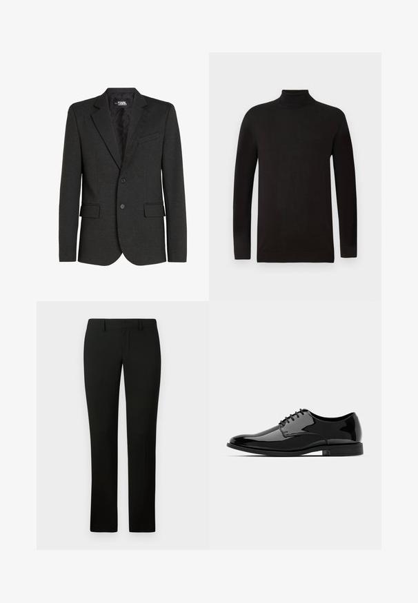 Kolsyra-grå kavaj i strukturerad tyg, med en enkel knappknäppning, notch-lappade kragar och två framfickor. Vadderad inredningsfoder.; Svart polotröja i mjukt stickat material. Har långa ärmar och en figurnära design med ribbad krage och fåll. Minimal varumärkesprofil.; Svarta byxor med skräddarsydd passform, med en mjuk textur och rak bendesign. Midjan har bälteshål och en ren finish.; Svart lackläderskor med rund tå, snörning och slät, blank yta. Har en låg gummisula.