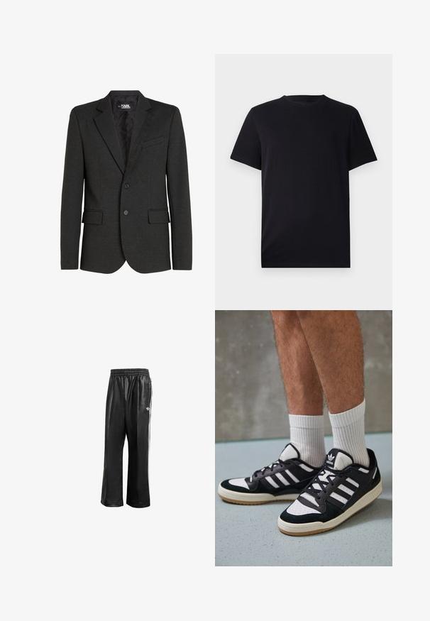 Marynarka w kolorze szarym węglowym, wykonana z teksturowanej tkaniny, z zapięciem na jeden guzik, wyciętymi klapami oraz dwiema przednimi kieszeniami. Podszewka z pikowanego materiału.; Czarna krótka koszulka z krótkim rękawem, wykonana z gładkiej bawełny, z okrągłym dekoltem i klasycznym krojem, bez wzorów i widocznych elementów metalowych.; Czarne syntetyczne spodnie dresowe z elastycznym pasem, z białymi paskami po bokach i małym białym logo na lewym biodrze.; Czarno-białe sneakersy z zamszową i skórzaną cholewką, z trzema białymi paskami, perforowanym czubkiem i gumową podeszwą w kolorze gumy.