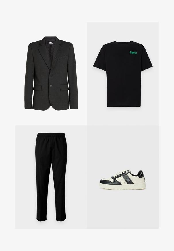 Blazer gris carbón hecho de tela texturizada, con cierre de un botón, solapas con muesca y dos bolsillos frontales. Forro interior acolchado.; Camiseta negra de algodón con mangas cortas. Presenta un logo verde "ROOTS" en el frente, escote redondo y corte estándar.; Pantalones negros con una cinturilla elástica, presentan un diseño de pierna recta. La tela parece suave con una textura mate, sin patrones visibles.; Zapatillas de cuero con un esquema de colores negro y crema, que cuentan con acentos perforados, un collar acolchado y una suela texturizada.