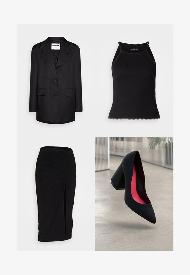 Črn krojen blazer z razrezanim reverjem, enojnim gumbom, dvema sprednjima žepoma in gladko teksturo. Minimalistična zasnova, nekončana notranjost.; Črn rebrast top brez rokavov z valovitimi čipkastimi robovi na dnu. Ima tanke naramnice in oprijet kroj. Narejen je iz raztegljivega materiala.; Črna, nabrana svinčnik krilo z detajlom v obliki traku in stranskim razporkom. Narejeno iz raztegljive tkanine, ki se ponaša z gladko teksturo in oblikovanjem, ki se prilega telesu.; Črne visoke petke z nazobčanim prstom, teksturirano površino in živahnimi rožnatimi notranjimi deli. Imajo robustno peto z srebrnim akcentom.