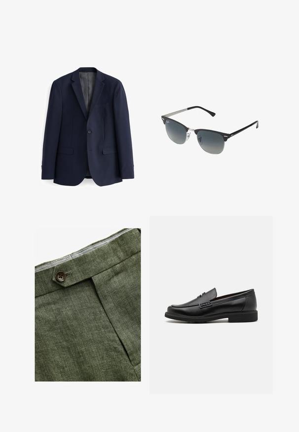 Marineblaues Blazer aus glattem Stoff, mit einer Zwei-Knopf-Front, Reverskragen und zwei Fronttaschen in gerader Schnittform.; Hellblaues Langarmhemd mit Knopfleiste, klassischem Kragen, geradem Saum und subtiler Textur. Mit zentraler Knopfverschluss.; Olivengrüne Leinenhose mit einem Bundfalten, ausgestattet mit einem Knopfverschluss und einem kontrastierenden karierten Futter am Bund.; Schwarze synthetische Slipper mit einer markanten gesteppten Vorderseite, gepolstertem Fußbett und flacher Gummisohle; schlankes Design mit minimaler Detailverarbeitung.; Schwarze und silberne Sonnenbrille mit Katzenaugenform, verlaufenden Gläsern und metallischen Akzenten im Rahmen. Plastische Bügel mit grauen Spitzen.