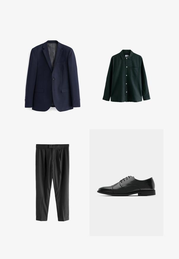 Sötétkék blézer sima anyagból, két gombbal, hajtókás gallérral, és két elülső zsebbel, egyenes szabással.; Sötétzöld gombos ing, gallérral, hosszú ujjú, egyetlen mellzsebbel; fehér gombokkal és puha tapintással rendelkezik.; Next REGULAR FIT -CHECK SMART - Vászonnadrágok - black; Fekete bőr férfi dresszcipő, lekerekített orral, fűzős kialakítással, diszkrét varrási részletekkel és alacsony sarokkal. Simább felület, fényes kivitel.