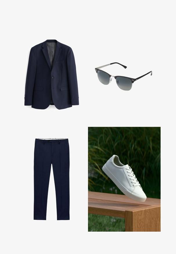 Mornarsko moder blejzer iz gladkega materiala, z dvema gumboma spredaj, z obrobnimi klapnicami in dvema sprednjima žepoma s ravnim krojem.; Bele kratke majice s kratkimi rokavi, zložene, narejene iz bombaža. Imajo okroglo ovratnico in raven kroj. Tkanina se zdi gladka brez vzorcev.; Temno modri hlače s ožjim krojem in vzorcem črt. Zasnovane so z zadrgo, pasnimi zankami in sprednjimi žepi. Gladek teksturiran material.; Beli vezani športni čevlji, ki lebde nad leseno klopjo z zelenim rastlinjem v ozadju, prikazujejo obliko in teksturo čevlja.; Črne in srebrne sončna očala v obliki mačjih oči, z gradientnimi lečami in kovinskimi dodatki na okvirju. Plastične ročke s sivimi konicami.