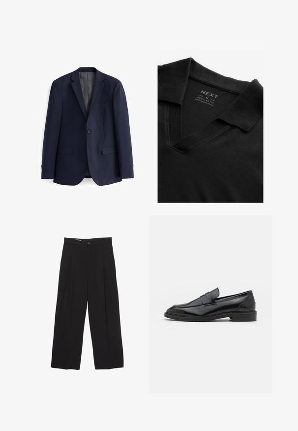 Sötétkék blézer sima anyagból, két gombbal, hajtókás gallérral, és két elülső zsebbel, egyenes szabással.; Fekete polo póló V-kivágással és texturált anyagból. Hajlított gallérral és márka- valamint méretinformációt tartalmazó címkével rendelkezik. Normál szabású.; Fekete, bő szárú nadrág sima anyagból, lapos derékpánttal, elülső redőkkel és egy gombos záródással.; Fekete bőrcipók sima felülettel, kerek orral és keskeny sávval a felsőrészen. Alacsony, rétegelt sarkú.