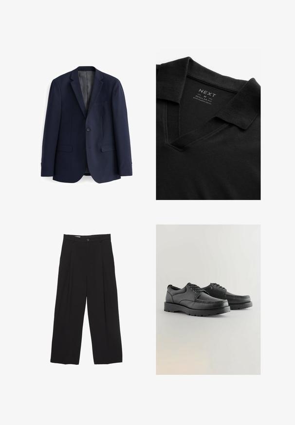 Sötétkék blézer sima anyagból, két gombbal, hajtókás gallérral, és két elülső zsebbel, egyenes szabással.; Fekete polo póló V-kivágással és texturált anyagból. Hajlított gallérral és márka- valamint méretinformációt tartalmazó címkével rendelkezik. Normál szabású.; Fekete, bő szárú nadrág sima anyagból, lapos derékpánttal, elülső redőkkel és egy gombos záródással.; Fekete bőr cipők textúrált felsőrésszel, kerek orral, fűzős kialakítással és vastag gumitalppal, amely barázdált mintázattal rendelkezik.