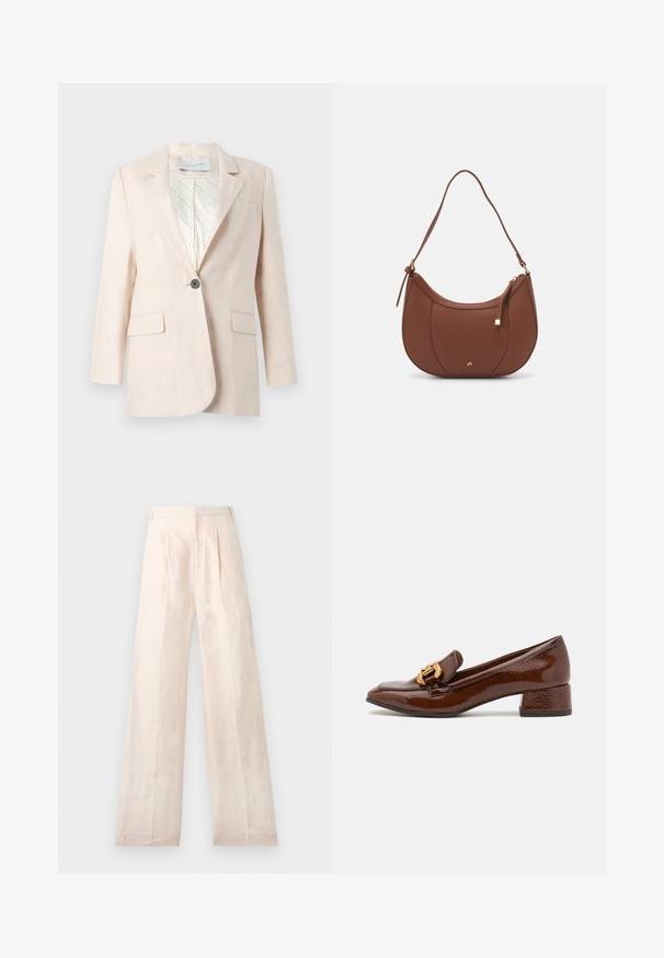 Világos bézs vászon blézer egy gombbal, két elülső zsebbel és mintás bélésbel. Klasszikus lakkozott dizájn jellemzi.; Fehér blúz vertikális csíkokkal, rövid puffos ujjakkal, kerek nyakkivágással és ráncolt peplum aljjal. Könnyű, texturált anyagból készült.; Elszínes, széles lábú nadrág, amely lenből készült és sima textúrával rendelkezik, elülső redők és letisztult, egyszerű derékrész jellemzi.; Barna bőr loaferek fényes felülettel, dekoratív arany csattal az elején és alacsony blokk sarkával. Klasszikus dizájn.; Barna műbőr válltáska ívelt formával, minimális varrással és arany színű kiegészítőkkel. Jellemzője a felső cipzáras záródás és állítható pánt.