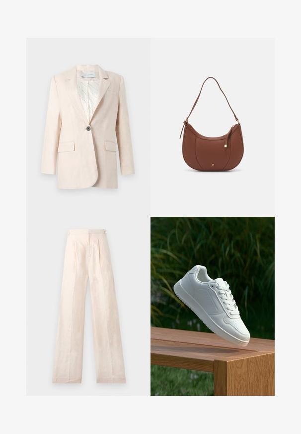Blazer en lin beige clair avec un bouton simple, deux poches avant et une doublure intérieure à motifs. Présente un design de col classique.; Haut noir avec un corps uni et des manches évasées en voile. Présente des accents à nouer aux poignets. Fabriqué à partir d'un tissu lisse avec une coupe ajustée.; Pantalons en lin beige à jambes larges avec une texture lisse, dotés de plis avant et d'une ceinture épurée et simple.; Sneakers blanches avec une tige synthétique lisse, un avant perforé, des lacets plats et une semelle texturée, présentées sur une surface en bois.; Sac à épaule en faux cuir brun, de forme arrondie, avec des coutures minimales et un accent en matériel doré. Il possède une fermeture zippée sur le dessus et une sangle réglable.