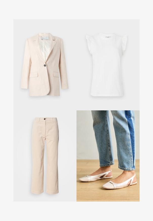 Svijetlo bež laneni sako s jednim dugmetom, dva prednja džepa i uzorkovanom unutarnjom postavom. Ima klasičan ovratnik.; Bijela majica kratkih rukava od pamuka s naglašenim volanima na ramenima i okruglim izrezom. Glatka tekstura i klasičan kroj.; Bež kordura hlače ravnih nogavica s prednjim zatvaranjem na gumbe i bočnim žepovima vidljivim na bijeloj pozadini.; Svijetlo ružičaste slingback balerinke s šiljastim vrhom, izrađene od glatkog materijala nalik koži. Sadrže izrezane detalje sa strane i ravnu petu.
