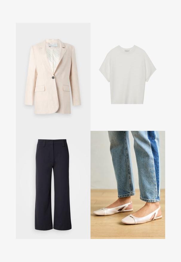 Helle beige Leinenblazer mit einem einzigen Knopf, zwei Fronttaschen und einem gemusterten Innenfutter. Mit klassischem Reversdesign.; Weißes T-Shirt mit kurzen Ärmeln, weitem Rundhalsausschnitt und strukturiertem Rippenmuster, aus weichem Stoff, mit legerer Passform und einem klaren Design.; Weite Hosen aus dunklem Marineblau. Mit flachem Bund, Gürtelschlaufen und seitlichen Taschen. Das Material ist glatt und hat einen leichten Stretch.; Blassrosa Slingback-Ballerinas mit spitzem Punkt, aus einem glatten, lederähnlichen Material. Mit Ausschnitten an den Seiten und einem flachen Absatz.