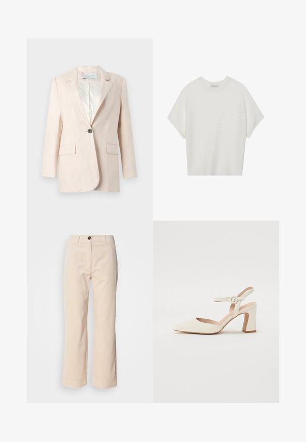 Blazer din in bej deschis, cu un singur nasture, două buzunare frontale și o captuseală interioară cu model. Prezintă un design clasic al reverului.; Tricou alb cu mânecă scurtă, cu guler larg și model texturat cu dungi, realizat dintr-un material moale, având o croială lejeră și un design curat.; Pantaloni din bumbac bej, cu picioare drepte, închidere cu nasture în față și buzunare laterale, vizibile pe un fundal alb.; Pantof cu vârful ascuțit, de culoare crem, cu toc pătrat. Dispune de o curea subțire la glezna cu o cataramă rotundă și o textură netedă a pielii.
