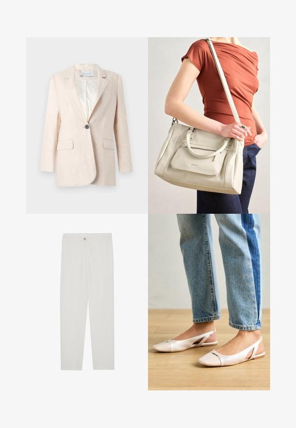 Helebeež linane bleiser, millel on üks nööp, kaks esist pockets ja mustriline sisekate. Omab klassikalist krae disaini.; Valge lühikeste varrukatega t-särk, mis on valmistatud pehmest puuvillast. Omab ümmargust kaelust ja mugavat lõiget. Puhtad jooned, ilma nähtavate mustrite või aktsentideta.; Valged kohandatud püksid sirge lõikega, varustatud nupuga kinnitusega, vöödega ja küljetaskutega; sile kangatekstuur.; Kahvatu roosa slingback lapikute jalatsite paar, millel on terav varvas, valmistatud siledast nahataolisest materjalist. Omab külgedel lõikekohti ja lapikut kontsa.; Valge nahast käekott kahe käepidemega ja eemaldatava rihmaga, millel on eesmine lukuga tasku ja sile tekstuur. Kandub inimese käe peal.