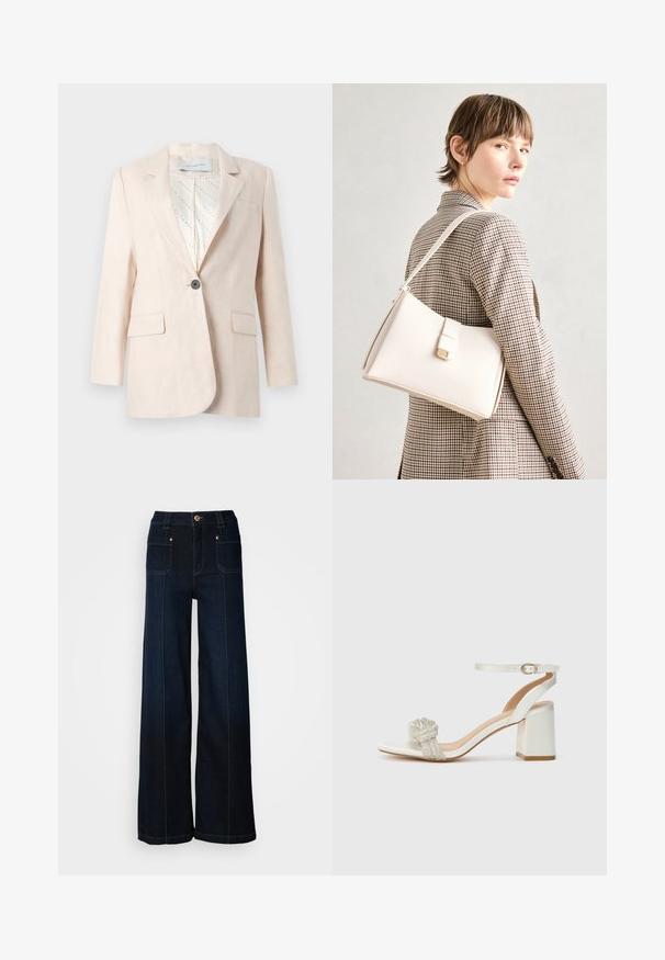 Blazer en lin beige clair avec un bouton simple, deux poches avant et une doublure intérieure à motifs. Présente un design de col classique.; T-shirt blanc à manches courtes en coton doux. Présente un col rond et une coupe décontractée. Design épuré sans motifs ni accents visibles.; Jean en denim à jambes larges de couleur bleu foncé. Dispose de poches avant, de quincaillerie dorée et de coutures contrastées. Texture lisse avec un design décontracté.; Sandale blanche à bout ouvert avec un épais talon carré, ornée d'une bande à paillettes texturée sur le pied et d'une sangle de cheville réglable.; Sac à main en cuir blanc au design structuré, doté d'un fermoir magnétique et d'une bandoulière, présenté sur un fond neutre.
