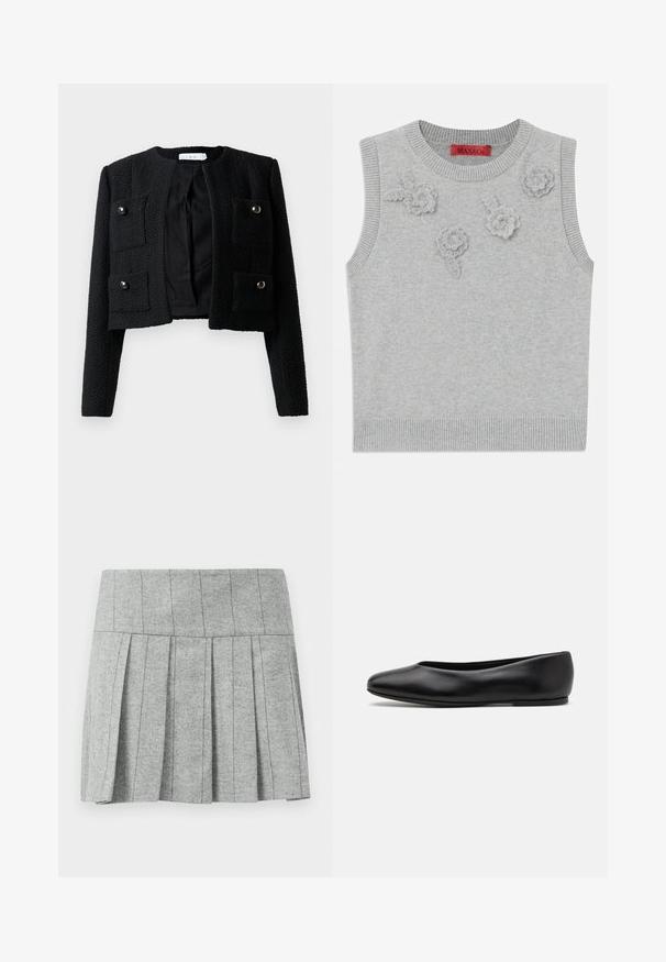 Casaco cropped preto com um tecido texturizado, gola redonda, dois bolsos frontais com fechos de mola e um design frontal aberto.; Sweater sem mangas de cor cinza claro, com decote e barra canelados. Apresenta três aplicações florais texturizadas na parte da frente. Etiqueta da marca: MAX&Co.; Saia cinza plissada feita de tecido com padrão em espinha de peixe; apresenta uma cintura estruturada e um corte reto na parte inferior.; Paul Smith TOPANGA - Sabrinas - black