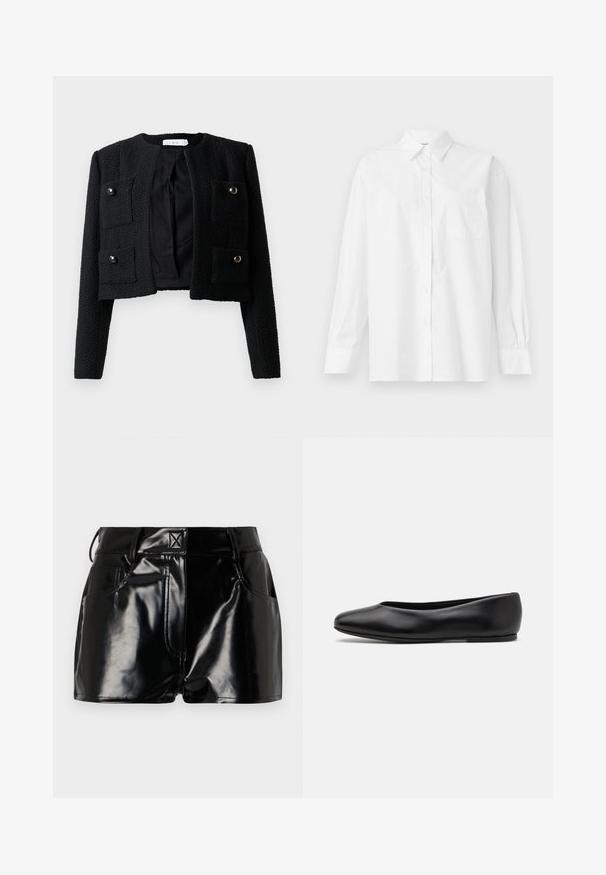 Czarna, krótka kurtka z fakturowanej tkaniny, okrągłym dekoltem, dwiema przednimi kieszeniami z zapięciem na zatrzask oraz otwartym przodem.; Biała koszula z długim rękawem wykonana z bawełny, z klasycznym kołnierzykiem, zapięciem na guziki i pojedynczą kieszenią na piersi po lewej stronie.; Czarne, błyszczące spodenki wykonane z materiału syntetycznego. Posiadają dopasowaną talię, szlufki na pasek oraz przednie kieszenie z wyraźnymi detalami stębnowania.; Paul Smith TOPANGA czarny