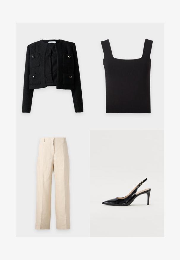 Fekete, cropped dzseki, textúrált anyagból, kerek nyakkivágással, két elülső zsebbel, amelyek patenttal záródnak, és nyitott előlappal.; Fekete négyzetnyakú top sima anyagból. Széles pántokkal és fitted sziluettel rendelkezik, tiszta aljjal. Nincsenek látható minták.; Beige len vászonnadrág laza fazonnal, plisszírozott elülső résszel és egyenes lábakkal. Jellemzője a derékpánt övhurkokkal és látható zsebek nélkül.; Fekete lakk bőr kötött magassarkú cipő, hegyes orral és karcsú sarokkal, finom kivágásos dizájnnal. Az övön arany csatt található.