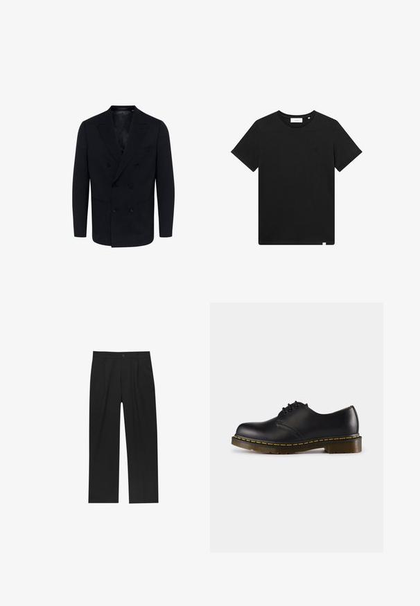 Svart dubbelknäppt kavaj i texturerad tyg med två framfickor och två rader knappar, samt en elegant slagdesign.; Svart kortärmad T-shirt i bomull, med rund hals och en liten logotyp broderad på bröstet. Slät textur, standard passform.; Svarta byxor med rak ben-design, tillverkade av ett jämnt tyg. Har framfickor och en enkel knapplåsning i midjan.; Svart lädersko med rund tå, snörningsdesign, gula stygn längs sulan och en kraftig, texturerad gummisula.
