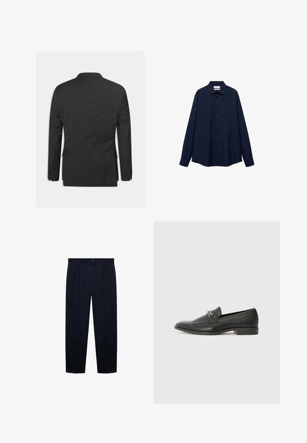 Oscar Jacobson EDMUND - Giacca elegante - navy; Camicia button-up blu navy con colletto, maniche lunghe e orlo dritto. Presenta una texture liscia e cinque bottoni frontali.; Pantaloni blu navy con frontale piatto realizzati in tessuto leggero e dalla texture liscia; presentano una chiusura con bottone e due tasche laterali.; Mocassino in pelle nera con finitura liscia, caratterizzato da un design cucito e da un accento decorativo in catena metallica sul vamp. Tacco piatto.
