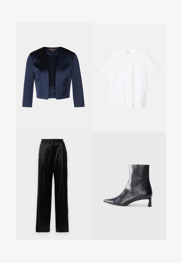 Námořnická modrá zkrácená bunda vyrobená z hladkého saténu s rukávy tříčtvrteční délky a otevřeným předním designem. Bez zapínání nebo ozdob.; Bílý bavlněný tričko s krátkým rukávem, kulatým výstřihem, volným střihem a šitým lemem. Nálepka viditelná na vnitřní straně výstřihu.; Černé saténové kalhoty s vysokým pasem a rovnými širokými nohavicemi, s poutky na opasek a s plochým předním zapínáním na bílém pozadí.; Černé kožené kotníkové boty s špičatou špičkou a elegantním designem. Mají nízký podpatek a zipové zapínání na zadní straně. Hladká textura.