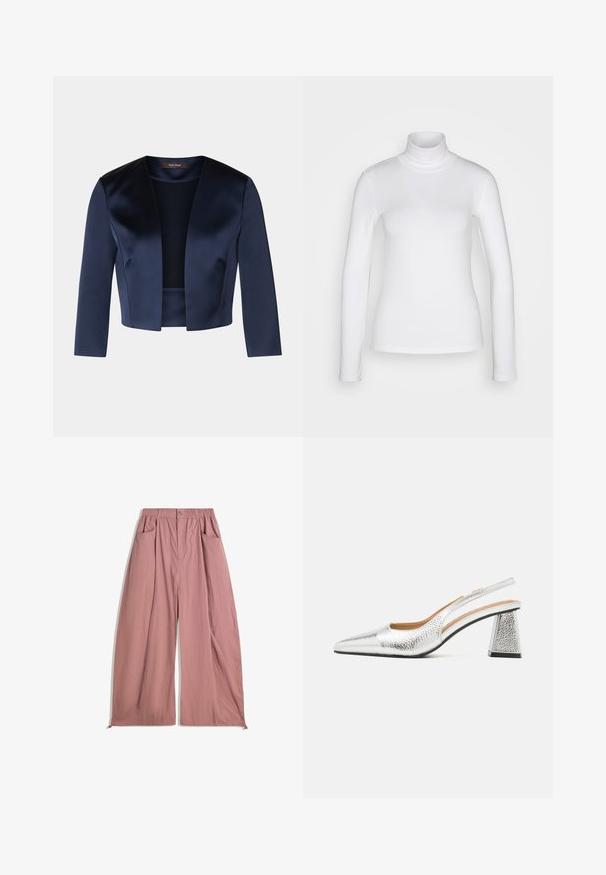 Sinih navy jaket pendek yang terbuat dari satin halus dengan lengan tiga perempat dan desain depan terbuka. Tanpa pengikat atau hiasan.; Valkoinen pitkähiha pliseepaidan, joka on valmistettu sileästä ja joustavasta kankaasta. Ominaisuudet tiukka istuvuus ja korkea kaulus. Ei näkyviä kuvioita tai koristeita.; Vapaat, korkeavyötäröiset housut pehmeästä ruusunpunaisesta kankaasta. Sisältää joustavyötärön, kaksi sivutaskua ja sileän, teksturoidun pinnan.; Hopeapintaiset slingback-kengät, joissa on teräväkärkinen muotoilu, tekstuurinen metallipinta ja kolmiomukoinen korko. Sisäosa sisältää ruskeita nahkayksityiskohtia.