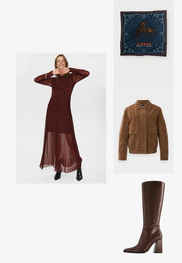 Brun ruskindjakke med spids krave, to frontlommer med klap og knapper, elastisk kant og knaplukning foran.; Lang bordeaux kjole lavet af gennemsigtigt og glat stof, med en indpakket bodice, plisserede detaljer og gennemsigtige lange ærmer.; Brun knæhøj læderstøvle med spids tå og en kraftig, gennemsigtig hæl. Glat overflade med minimal detaljer.; Marineblå silkeslærred med et grafik af en brown heste rytter, dekoreret med et blåt rebmønster og teksten "LEVI'S BRUGT AF ALLE KOBOLD" i rød.