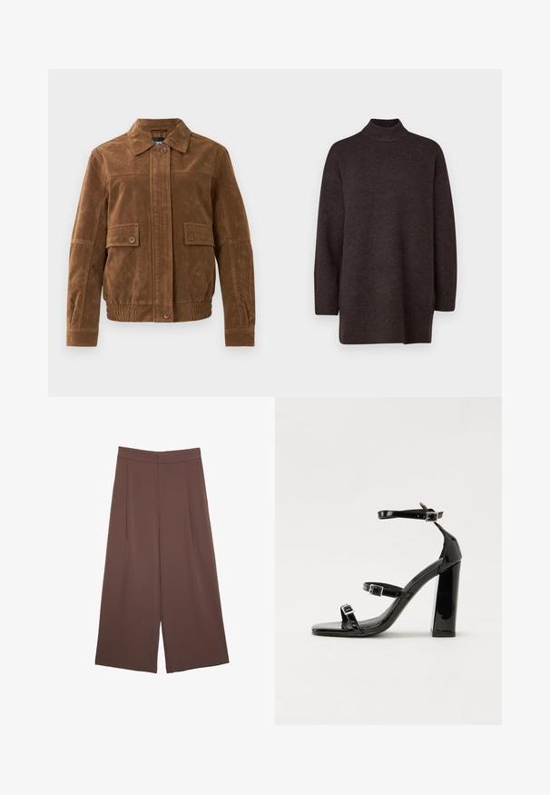 Brown suede jacket with a pointed collar, two front flap pockets with buttons, elasticated hem, and buttoned front closure.; Dark brown, high-neck pullover sweater with a relaxed fit, long sleeves, ribbed cuffs, and hem. Soft texture and minimal detailing.; Brown wide-leg trousers with a smooth texture, featuring a high waist and front pleats. The fabric is lightweight and flows loosely.; Black patent heeled sandals with a square toe, ankle straps, and silver buckles. Features a chunky block heel for stability.