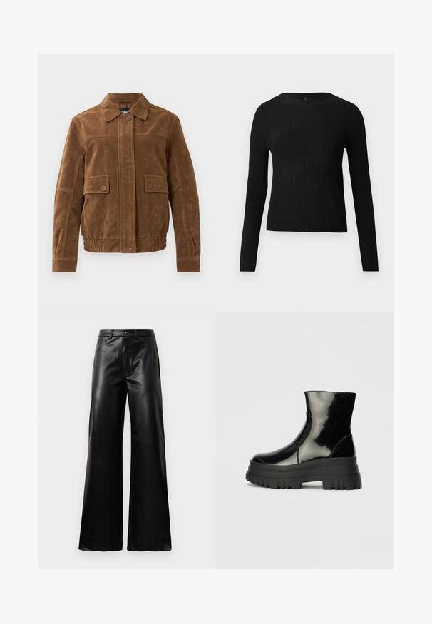 Braune Wildlederjacke mit spitzem Kragen, zwei vorderen Klappentaschen mit Knöpfen, elastischem Saum und knopfverschlossenem Frontverschluss.; Schwarzer, gerippter, langärmliger, taillierter Pullover mit Rundhalskragen, vor einem schlichten, hellen Hintergrund präsentiert.; Schwarze leichte, weit geschnittene, hochtaillierte Kunstlederhose mit vorderem Knopf, Reißverschluss, Gürtelschlaufen und Seitentaschen auf weißem Hintergrund.; Schwarze, glänzende Knöchelstiefel mit dickem Profilsohle und abgerundeter Zehenform, Seitenansicht vor einem schlichten, hellgrauen Hintergrund.