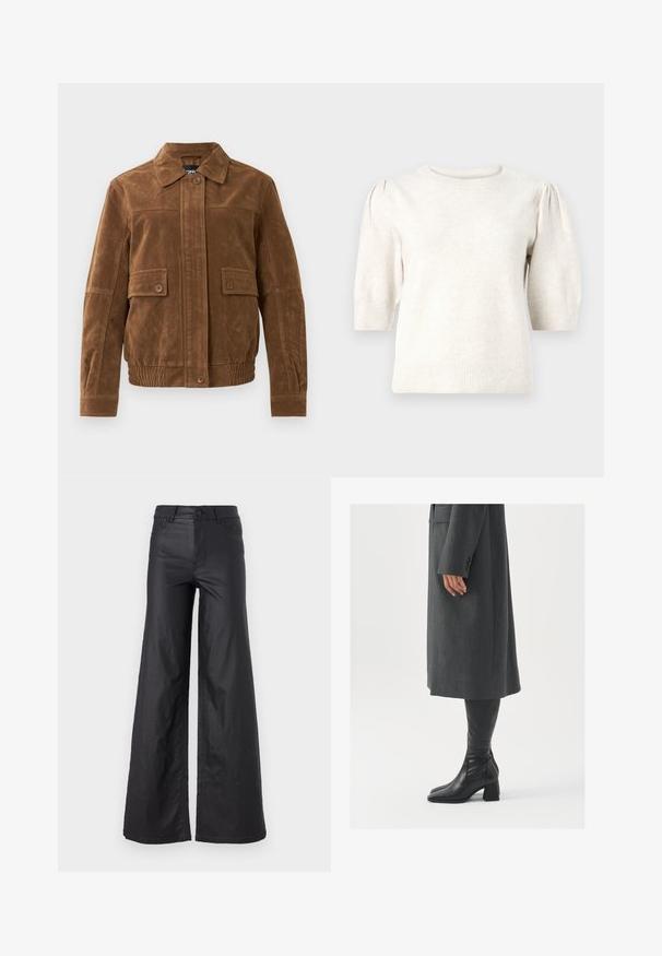 Giacca in suede marrone con colletto a punta, due tasche frontali con flap e bottoni, orlo elastico e chiusura frontale con bottoni.; Maglione corto a maniche corte di colore crema, realizzato in morbido materiale a maglia, con collo tondo, spalle a sbuffo e bordi a coste all'orlo e alle maniche.; Pantaloni neri a gamba larga in materiale similpelle. Presentano un vita alta, passanti per la cintura, due tasche frontali e dettagli cuciti.; Cappotto grigio su misura con taglio dritto; abbinato a stivali in pelle nera al ginocchio con punta quadrata e tacco grosso.