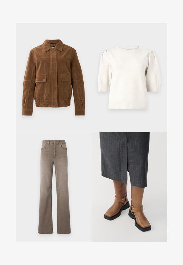 Chaqueta de ante marrón con un cuello puntiagudo, dos bolsillos frontales con solapa y botón, dobladillo elástico y cierre frontal con botones.; Suéter corto de manga corta en color crema, fabricado con un suave material de punto, que presenta un cuello redondo, hombros abullonados y borde de canalé en el dobladillo y los bordes de las mangas.; Jeans de pierna recta de talle alto color marrón con botón frontal, trabillas para el cinturón y diseño clásico de cinco bolsillos sobre un fondo blanco.; Botas de cuero marrón hasta la rodilla con punta cuadrada, suela de goma negra y detalle de correa ajustable con hebilla. Llevadas con una falda gris de rayas.