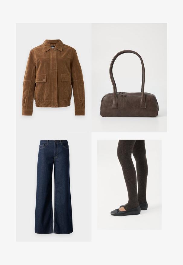Brun ruskindjakke med spids krave, to frontlommer med klap og knapper, elastisk kant og knaplukning foran.; Sort langærmet, tætsiddende top med firkantet halsudskæring, mærket GAP, præsenteret mod en hvid baggrund.; Bredde ben jeans i mørkeblå denim. Har kontrastsyninger, fem lommer og en knaplukning i taljen. Glat tekstur.; Sorte flade sko med en lille sløjfedetalje ved tåen, parret med mørkebrune ribbede strømpebukser. Skoene har en glat overflade og lav profil.; Brun lædertaske med to robuste håndtag, rektangulær form, glat tekstur og lynlås lukning. Minimalistisk design uden synlige mønstre.