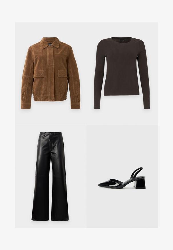 Brown suede jacket with a pointed collar, two front flap pockets with buttons, elasticated hem, and buttoned front closure.; Brown, long-sleeve ribbed top with a crew neckline. Made from a smooth, stretchy material, featuring a fitted silhouette and minimal detailing.; Black high-waist wide-leg faux leather pants with front button, zip closure, belt loops, and side pockets on white background.; Black patent leather slingback heels with a pointed toe and a geometric block heel. Features a sleek, minimal design and smooth texture.