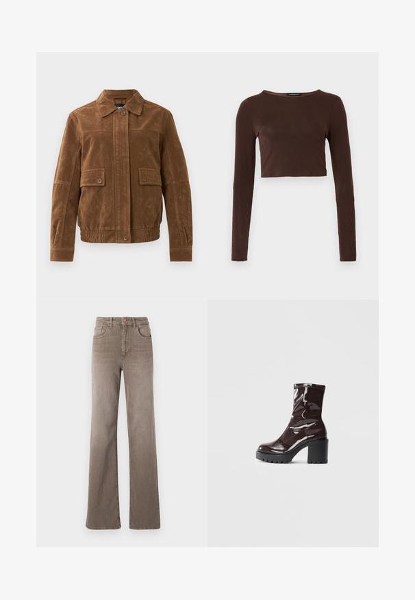 Braune Wildlederjacke mit spitzem Kragen, zwei vorderen Klappentaschen mit Knöpfen, elastischem Saum und knopfverschlossenem Frontverschluss.; Brauner, langärmeliger, verkürzter Oberteil aus glattem Material mit einem runden Ausschnitt und figurbetontem Design. Keine sichtbaren Muster oder Akzente.; Braune hoch taillierte Straight-Leg-Jeans mit vorderem Knopf, Gürtelschlaufen und klassischem Fünf-Taschen-Design auf weißem Hintergrund.; Glatte bordeauxrote Ankle Boots mit einem klobigen schwarzen Absatz, die eine glatte Oberfläche und ein einfaches Design aufweisen. Keine sichtbaren Verschlüsse oder Muster.