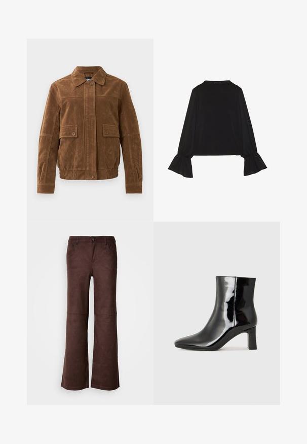 Pruun sametjakett, millel on terav krae, kaks esiflapikotti nupuga, elastne äär ja nupuga esiots.; Mustsärgid musta tooniga, pika varrukaga, flöödid käised, pehme tekstuur ja vabalt langev lõige, lihtsa ümaraga kaelusega.; Pruunid laiad püksid pehmest, nahkjas kangast. Omavad nelja taskut, nööbiga kinnitamist ja siledat, tekstuurset pinda.; Must-sinine nahkjalats musta läikiva viimistlusega, millel on terav nina ja keskmise kõrgusega plokk konts. Sile tekstuur ja minimalistik disain.