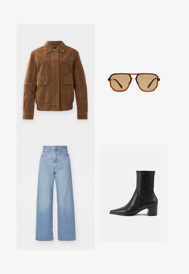 Veste en daim marron avec un col pointu, deux poches à rabat à l'avant avec des boutons, un ourlet élastiqué et une fermeture à boutons à l'avant.; Tissu beige clair avec une manche repliée, mettant en avant une texture lisse et une apparence douce, soulignant sa simplicité et son élégance.; Jean large taille haute bleu clair avec bouton et fermeture éclair à l'avant, poches avant et arrière, sur fond blanc.; Bottine noire en cuir lisse, avec un bout pointu, un talon carré et des coutures surélevées distinctes au bord supérieur.; Lunettes de soleil octogonales brunes avec un cadre transparent couleur ambre et des verres teintés bruns. Elles présentent un accent métallique au niveau du pont et des branches fines.; Boucles d'oreilles en or en forme de rectangle, avec une texture lisse et des bords arrondis. Présentent une fermeture sécurisée pour plus de stabilité.