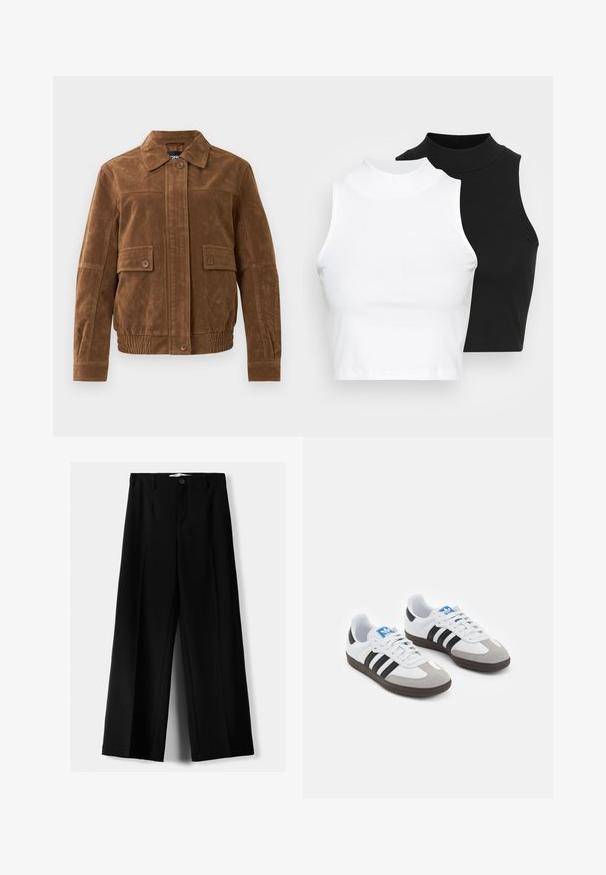 Bruine suede jas met een puntige kraag, twee frontflapzakken met knopen, elastische zoom en een knoopsluiting aan de voorkant.; Twee mouwloze ribgebreide coltruien in zwart en wit, met een slim fit ontwerp en een gladde textuur, met een cropped lengte.; Zwarte wijde broek van lichtgewicht stof, met een knoopsluiting aan de voorkant en een vlakke achterkant, afgewerkt met keurig gestikte zoom.; Sportschoenen met een witte leren bovenkant, grijze suède neus en drie zwarte strepen. Bevat een blauw logo op de tong en een gestructureerde rubberen zool.