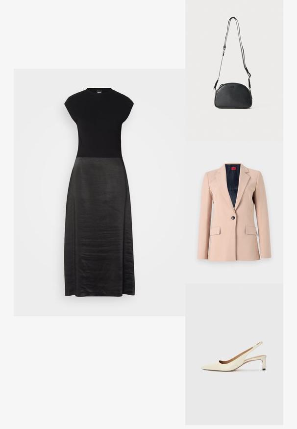 Heledad beež bleiser struktuurse disainiga, ühe nööbiga kinnitamine, klapilised kraed ja kaks esikotikesed. Vooder tumeda kangaga.; Must mustriga kleit, millel on sobiv bodi ja voolav silmadega seelik. Kapa varrukad, ümmargune kaelus, sile tekstuur ja pahkluu pikkusega disain.; Kitsaste ninaga slingback-kingad heledast nahast, madala kontsaga ja lõikega disainiga, millel on sile tekstuur ja minimaalne aksessuaaride kasutus.; Must musta ristkõhu kott ümmarguse kujuga, kahe reguleeritava rihmaga ja diskreetse logoga ees. Tekstureeritud välimus, minimalistlik disain.