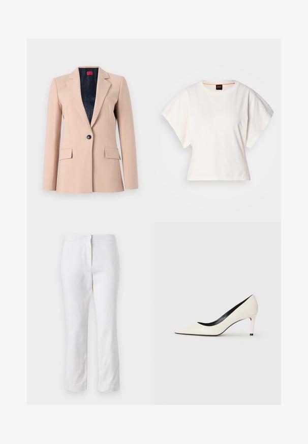 Vaaleanbeige bleiseri, jossa on jämäkkä muotoilu, yksittäinen napitus, viistetyt lapeliosi sekä kaksi etutaskua. Vuorattu tummalla kankaalla.; Valkoinen lyhythihainen t-paita, leveät lyhyet hihat, pehmeää puuvillamateriaalia, pyöreä pääntie jossa hienovarainen oranssi reunus, minimaalinen muotoilu, ei kuvioita tai graafisia elementtejä.; Valkoiset puuvillahousut suoralla lahkeella, joissa on keskikorkea vyötärö ja ei näkyviä varusteita tai kuvioita. Ehjä pinta kauttaaltaan.; Valkeasta kiillotetusta nahasta valmistetut korkokengät, joissa on teräväkärkinen muotoilu, hoikka korko ja mustat sisäosat. Suora pinta ja tyylikäs muotoilu.