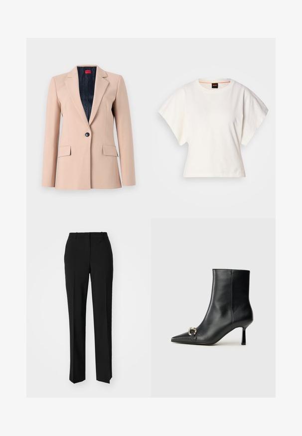 Světle béžový blejzr se strukturovaným designem, jednořadým zapínáním na knoflík, klopami a dvěma předními kapsami. Podšitý tmavou látkou.; Bílý zkrácený T-shirt, krátké široké rukávy, měkký bavlněný materiál, kulatý výstřih s jemným oranžovým lemováním, minimalistický design, bez vzorů nebo grafik.; Černé kalhoty na míru se střihem do rovna, které mají hladkou texturu a ostré sklady na přední straně. Bez viditelného kování.; Černá kožená kotníková bota s špičatou špičkou, úzkým středně vysokým podpatkem a stříbrnou sponou na straně, na jednobarevném pozadí.