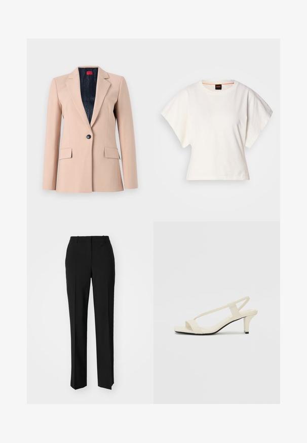 Blazer beige clair avec un design structuré, fermeture à un bouton, revers crantés et deux poches avant. Doublé de tissu foncé.; T-shirt blanc cintré, manches courtes et larges, en coton doux, décolleté rond avec une discrète bordure orange, design minimaliste, sans motifs ni graphiques.; Pantalon noir ajusté avec une coupe droite, présentant une texture lisse et des plis nets sur le devant. Aucune quincaillerie visible.; Sandales beiges à talons carrés avec des fines brides et un bout carré. Matière lisse avec des détails minimaux, conçues pour un port facile.