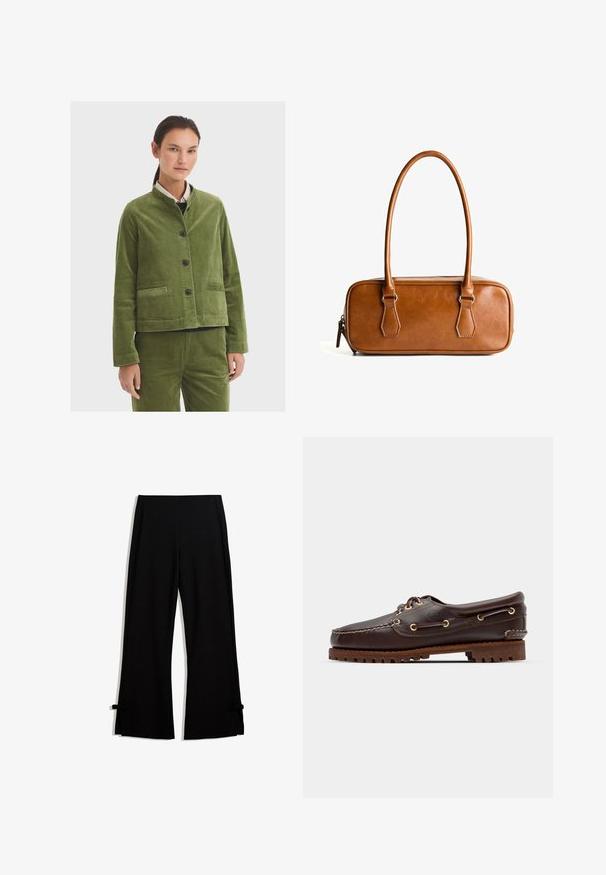 Groene corduroyjas met een mandarin kraag, sluiting met knopen aan de voorkant en twee zijzakken. Textuurstof en cropped ontwerp.; Lange mouw crew neck shirt in crèmekleur met horizontale bordeauxrode strepen, met een relaxte pasvorm en een zachte, gladde stofstructuur.; Zwarte wijde broek gemaakt van een zachte stof, met zijsplitten die zijn vastgemaakt met strikjes aan de onderkant voor extra detail.; Bruine leren bootsschoen met gouden oogjes, ronde veters en een gestructureerde bruine rubberen zool. Kenmerkt zich door gestikte details en een verhoogd logo.; Bruine leren handtas met twee lange hengsels, rechthoekige vorm, gladde textuur, ritssluiting en accenten van zilverkleurig beslag.