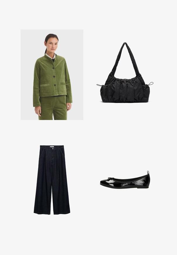 Zielona kurtka z kordura z mandżurskim kołnierzem, zapinana na guziki z przodu, z dwoma bocznymi kieszeniami. Teksturowana tkanina i krótki fason.; Jasno beżowy, krótkoszeregowy top dziany z dołączonym detalem w postaci szala opasanego wokół dekoltu.; Ciemnoniebieskie spodnie o szerokich nogawkach z wysokim stanem, z zamknięciem na guzik z przodu, dwoma bocznymi kieszeniami oraz detalami w szwach.; Czarne lakierowane baletki z zaokrąglonym czubkiem i kokardką. Posiadają elastyczną podeszwę i gumkę wokół otwarcia dla większego komfortu.; Czarna torebka z tkaniny z marszczoną fakturą, z dwoma ramiączkami i sznurkiem do ściągania po bokach. Gładki, lekki materiał.