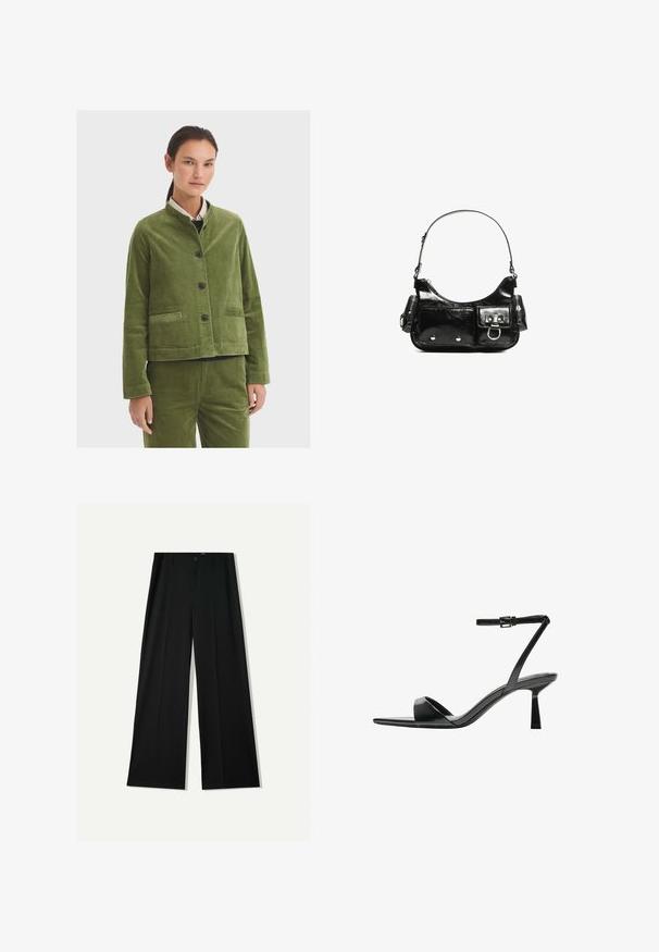 Zelena kordna jakna s mandarin ovratnikom, prednjim dugmetom i dva bočna džepa. Teksturirana tkanina i skraćeni dizajn.; Crni top bez rukava od pamuka, s okruglim izrezom i širokim izrezima za ruke. Glatka tekstura s ušivenim rubovima. Klasičan, minimalistički dizajn.; Bershka WIDE - Hlače - black; Bershka Sandale s visokom petom - black; Crna patentna kožna torba s zakrivljenim oblikom, jednim remenom za rame, prednjim džepovima i akcentima od srebrnog tona.