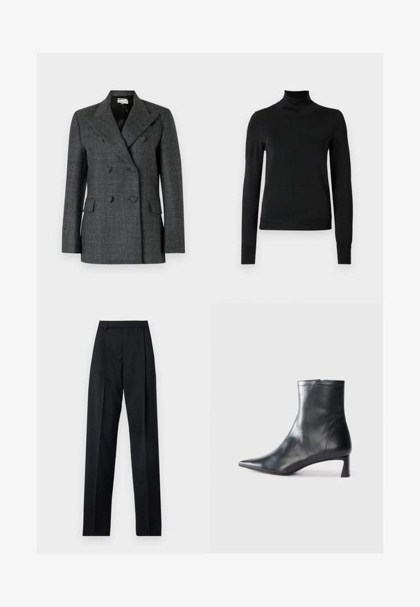 Grauer, doppelt geknöpfter Blazer aus strukturiertem Material mit breiten Revers, zwei Fronttaschen und Knopfakzenten.; Schwarzer Langarmrollkragenpullover mit gerippten Bündchen und Saum, auf einem schlichten weißen Hintergrund präsentiert.; Schwarze Hosen aus glattem Stoff mit hoher Taille, weitem Bein, vorderen Falten und klassischen Gürtelschlaufen. Keine sichtbaren Seitentaschen.; Schwarze Lederstiefelette mit spitzer Zehe und schlankem Design. Verfügt über einen niedrigen Absatz und einen Reißverschluss hinten. Glatte Textur.