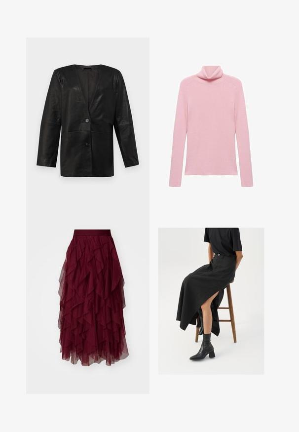 Selected Femme SLFAMALIA - Leren jas - black; Roze lange mouwen ribgebreide trui met een opgevouwen colkraag, plat weergegeven op een witte achtergrond.; Bordeaux tulle rok met meerdere gelaagde ruffles, een brede tailleband en een vloeiende silhouet. Lichtgewicht, gestructureerde stof verbetert de beweging.; Zwarte linnen maxi rok met een hoge split, gedragen met een zwart T-shirt en zwarte enkellaarsjes. Minimalistisch ontwerp met een relaxte pasvorm.
