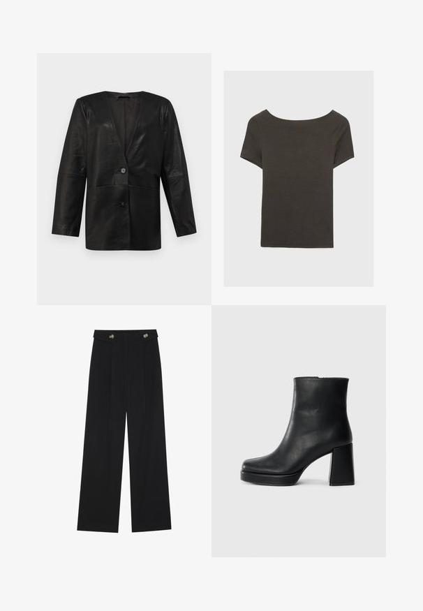 Selected Femme SLFAMALIA  czarny; Czarna szara bluzka z krótkim rękawem i dekoltem w kształcie łódki. Wykonana z prążkowanej tkaniny, ma luźny krój i czyste wykończenie. Prosty design, bez wzorów.; Czarne szerokie spodnie z wysokim stanem, z detalami w postaci guzików na pasku oraz plisami z przodu.; Czarne skórzane botki za kostkę z blokowym obcasem i platformą, widok z boku na białym tle.